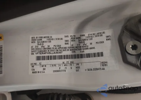 2020 Ford Ranger Lariat z USA, uszkodzony, nr VIN 1FTER4FH5LLA30307